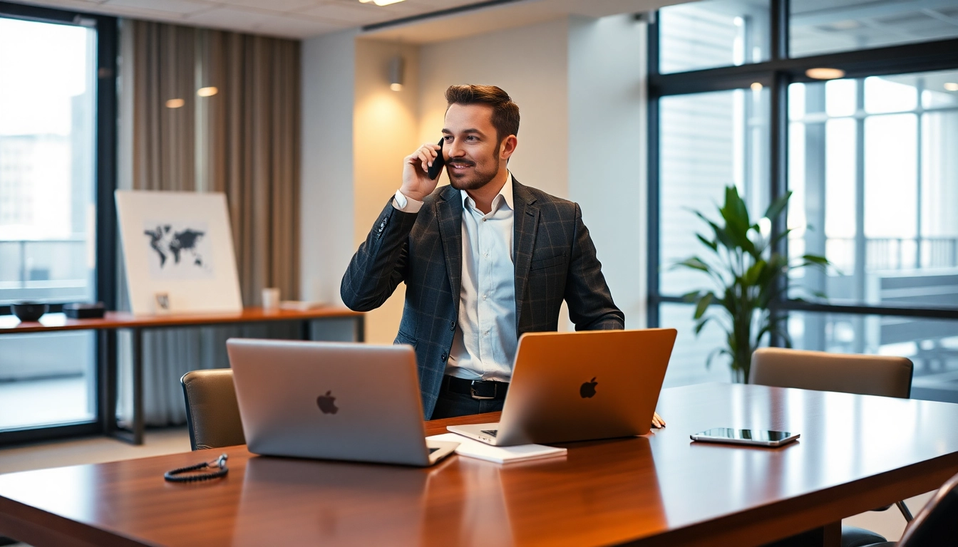 Professioneller Vertriebs-Headhunter arbeitet engagiert am Schreibtisch, strahlt Dynamik und Expertise aus.