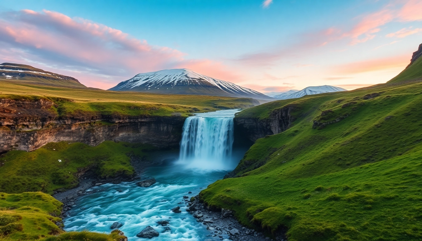Erleben Sie die faszinierenden Wasserfälle von Gullfoss während Ihrer Reise nach Island, umgeben von schneebedeckten Bergen und leuchtenden Nordlichtern.