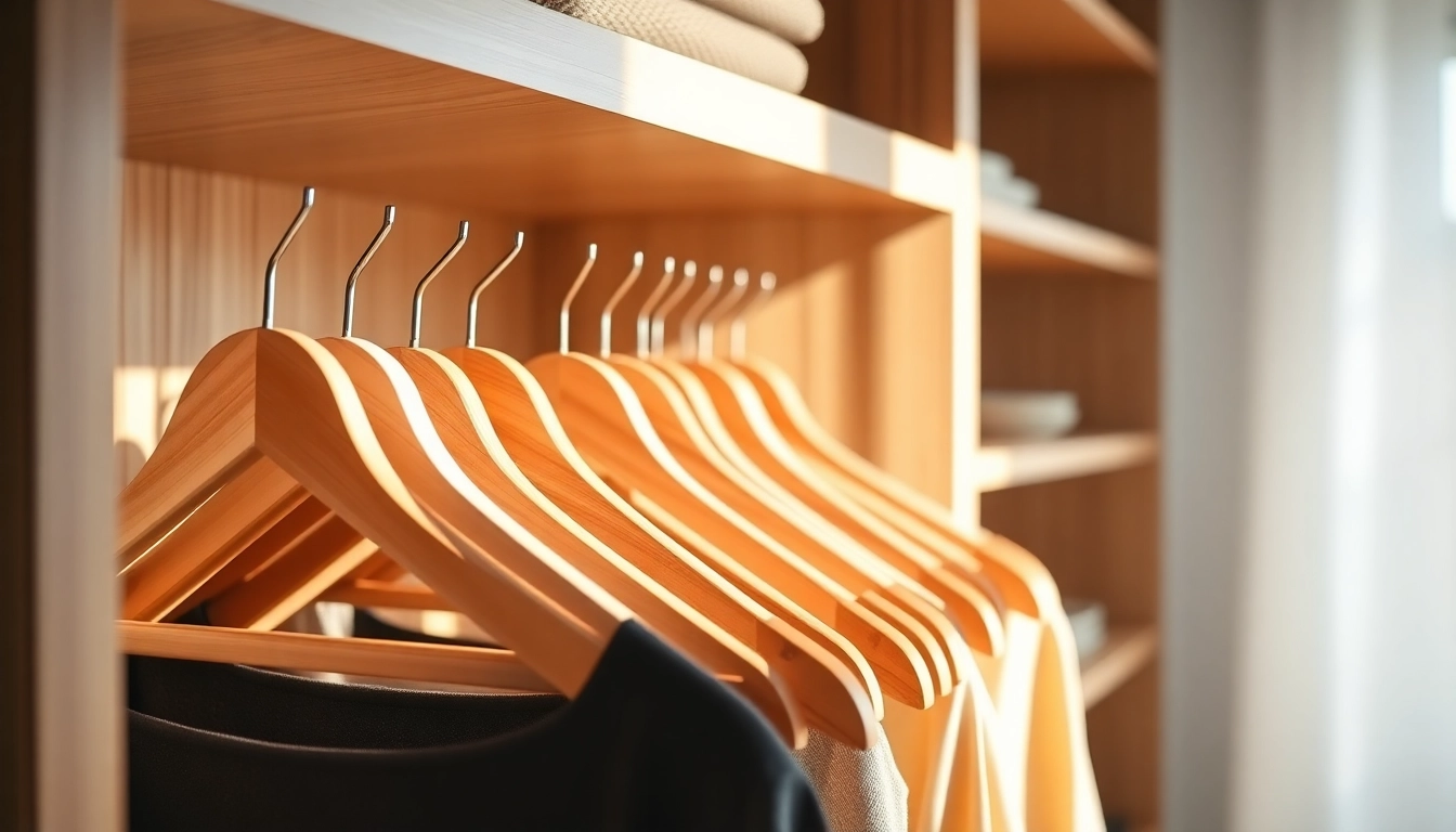 Holz Kleiderbügel elegantly displaying garments, showcasing premium craftsmanship and design.