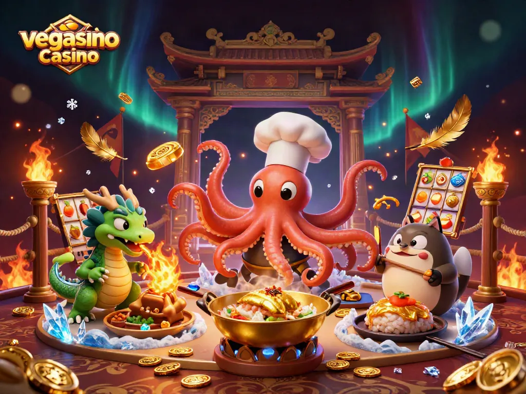 Experience thrilling action at vegasino casino with vibrant characters, slot reels, and dynamic game elements.
