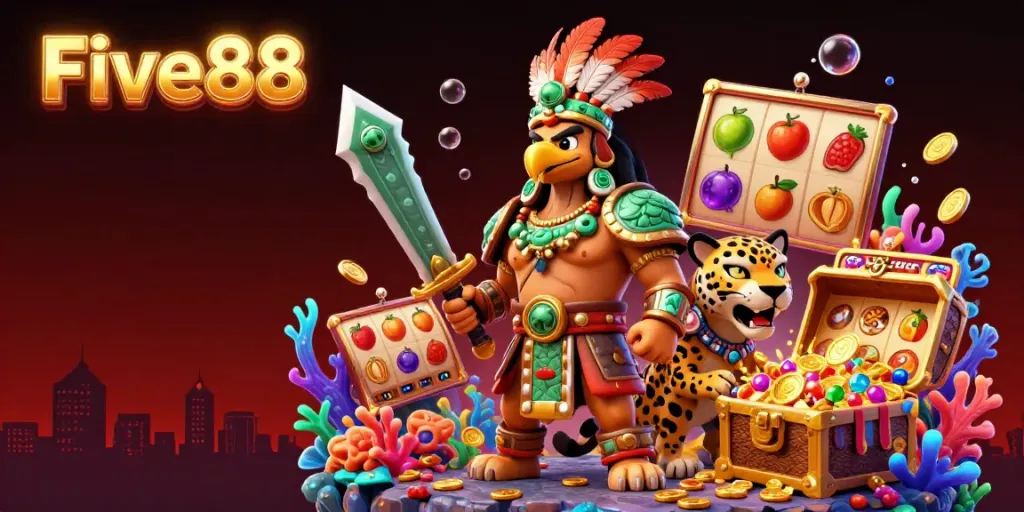 Experience the excitement of casino gaming with Five88's vibrant 3D illustration showcasing slot reels and treasure.