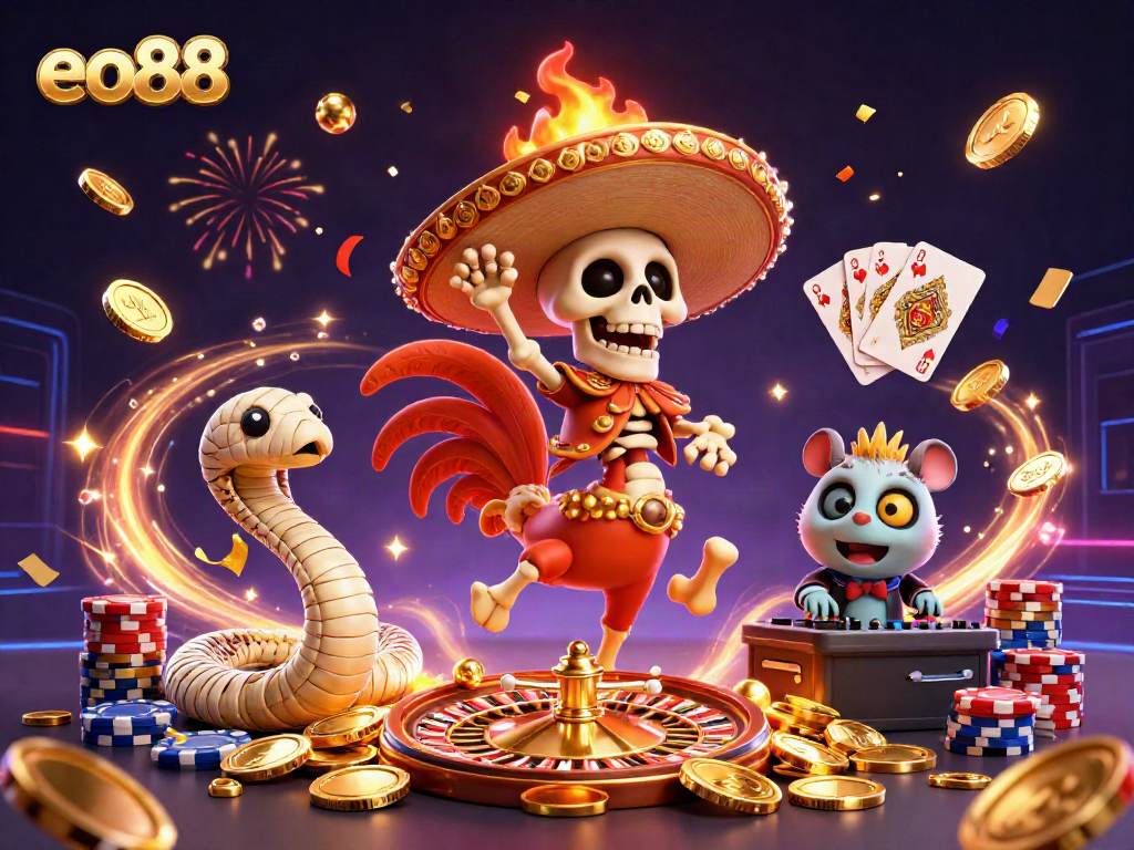 eo88 floats a victorious mariachi rooster dancing among golden coins and casino elements.