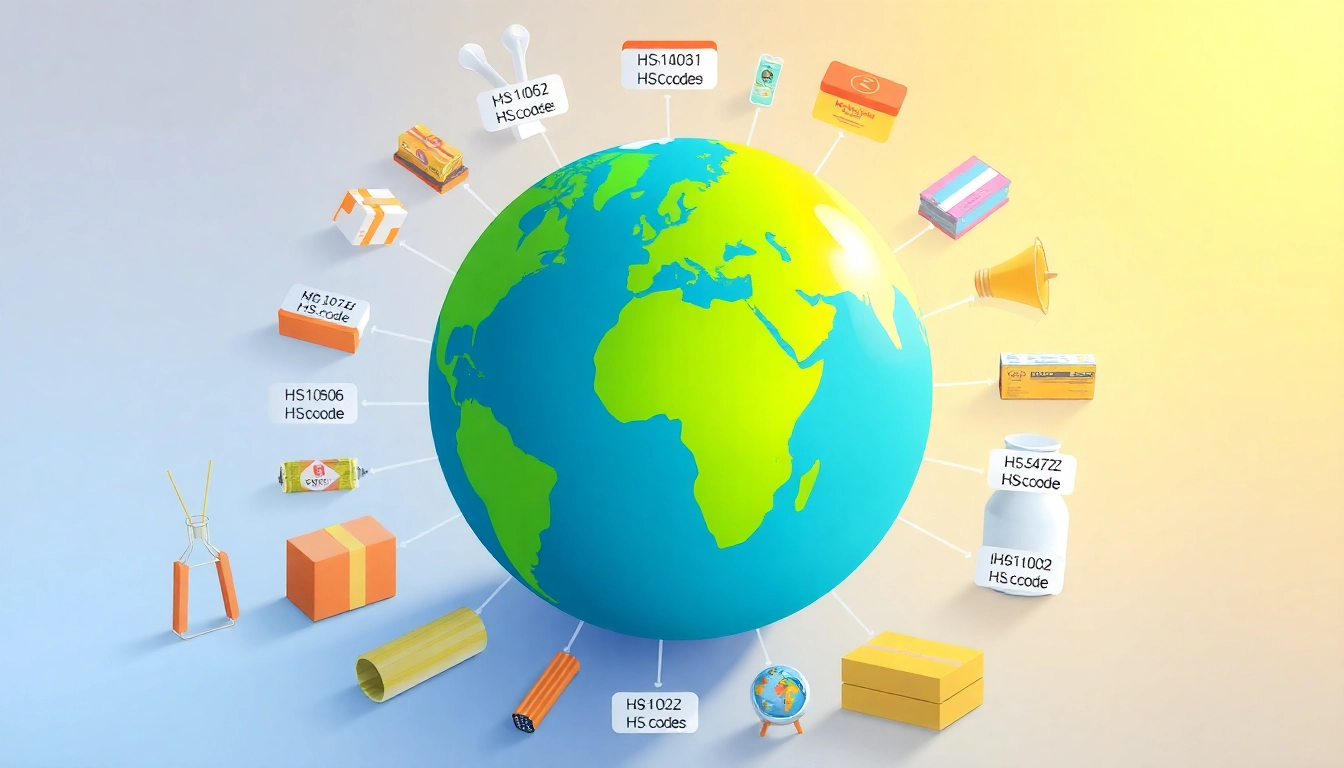 HS Code classification on a globe with diverse products, highlighting trade.
