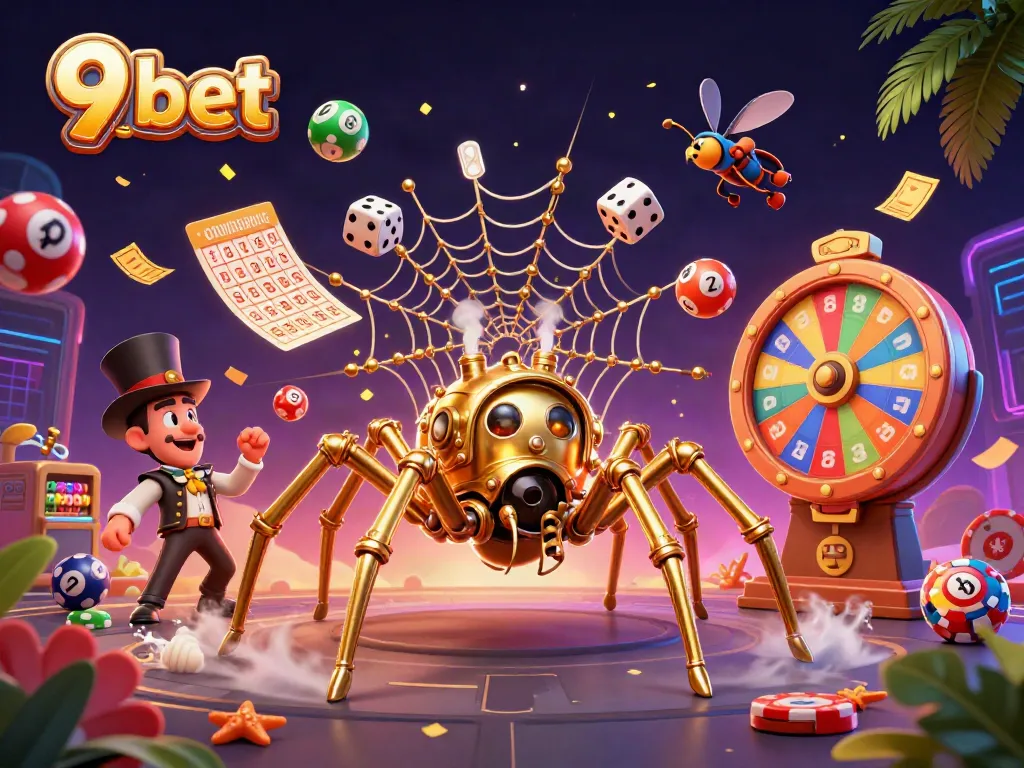 Bet and win at 9 bet with vibrant lottery balls and thrilling casino elements in a captivating scene.