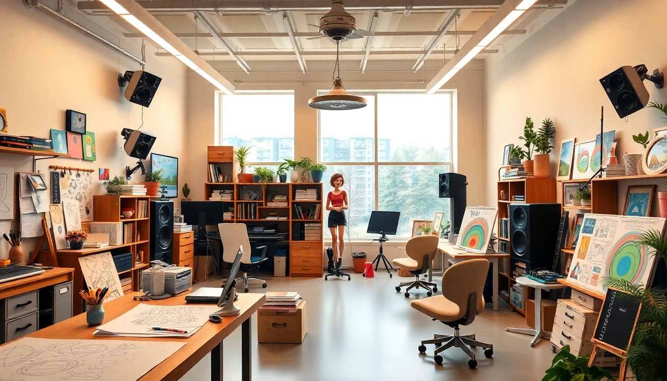 Creative animators collaborating in an Animationsstudio, showcasing sketches and vibrant designs.