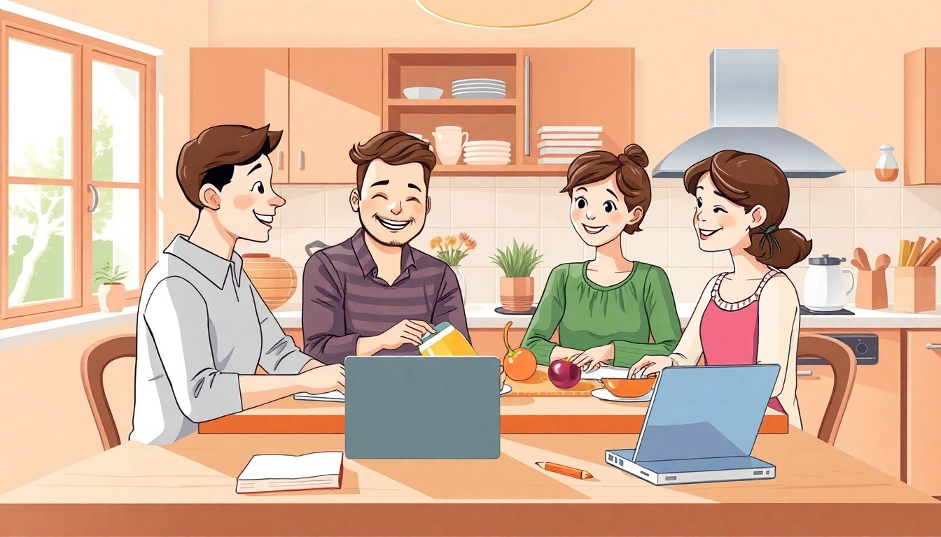 Lernen im Heimunterricht: Familie am Tisch mit Büchern und Laptops.