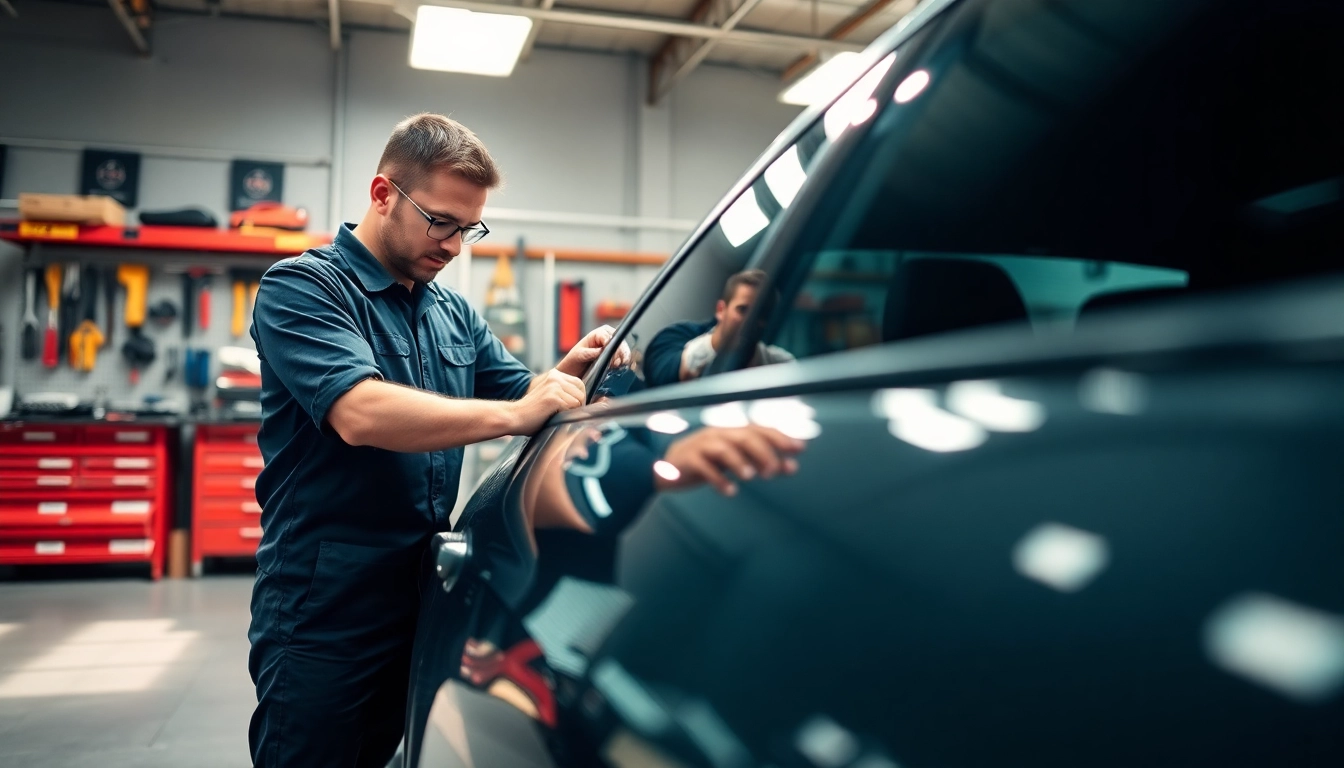Kratzer Reparatur Auto München in a professional auto repair workshop with a technician working on a car.