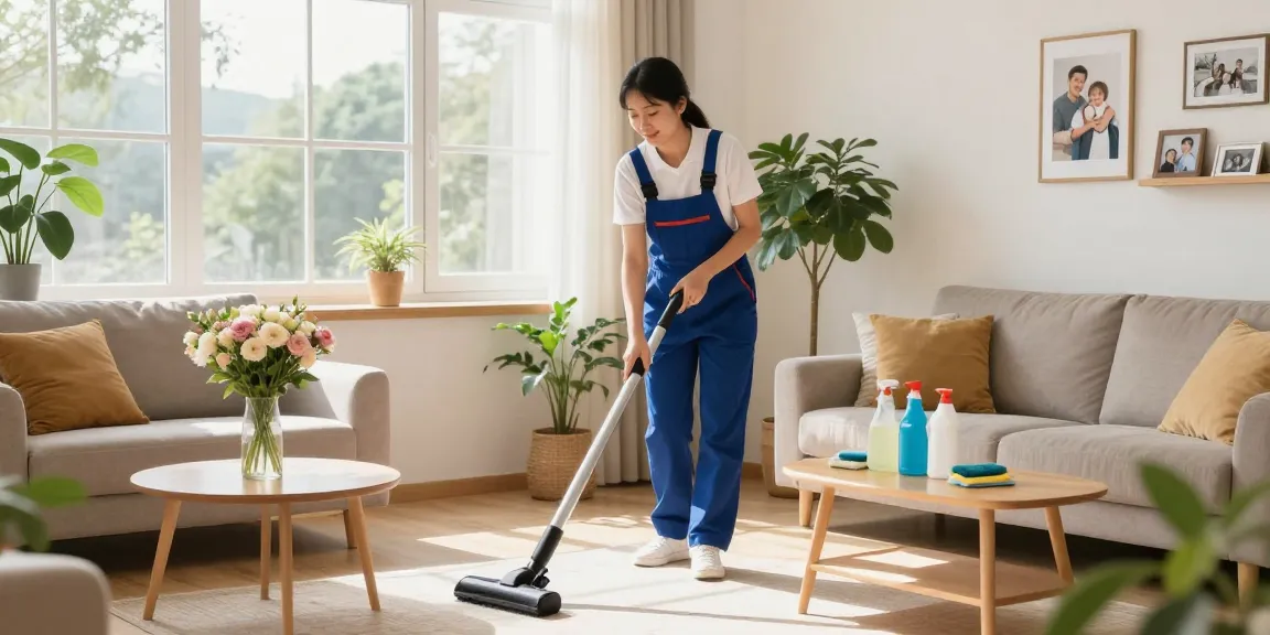 Reliable reinigung offerte service in a cozy, sunlit living room with a professional cleaner at work.
