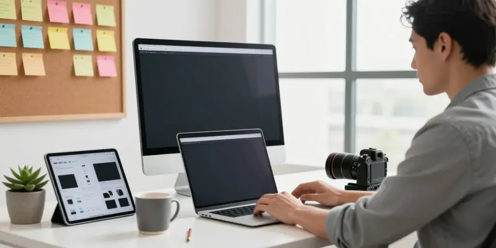 Webdesign Saarland: Moderne digitale Arbeitsumgebung mit Webdesigner an Stehpult, Laptop und kreativen Elementen.