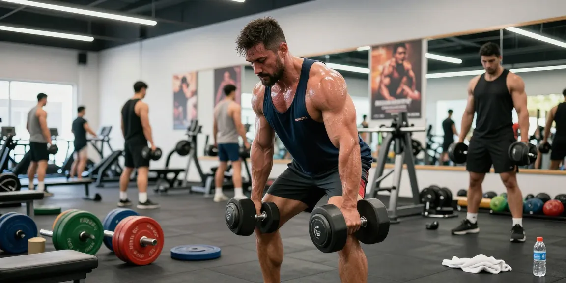 Kraftsportler hebt Gewichte im Steroidshop Fitnessstudio und hebt Intensität sowie Hingabe an das Krafttraining hervor.