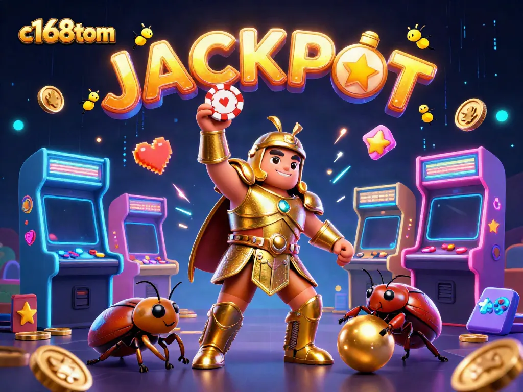 C168tom: Hercules beetle celebrates with jackpot symbols, showcasing exciting casino game elements.