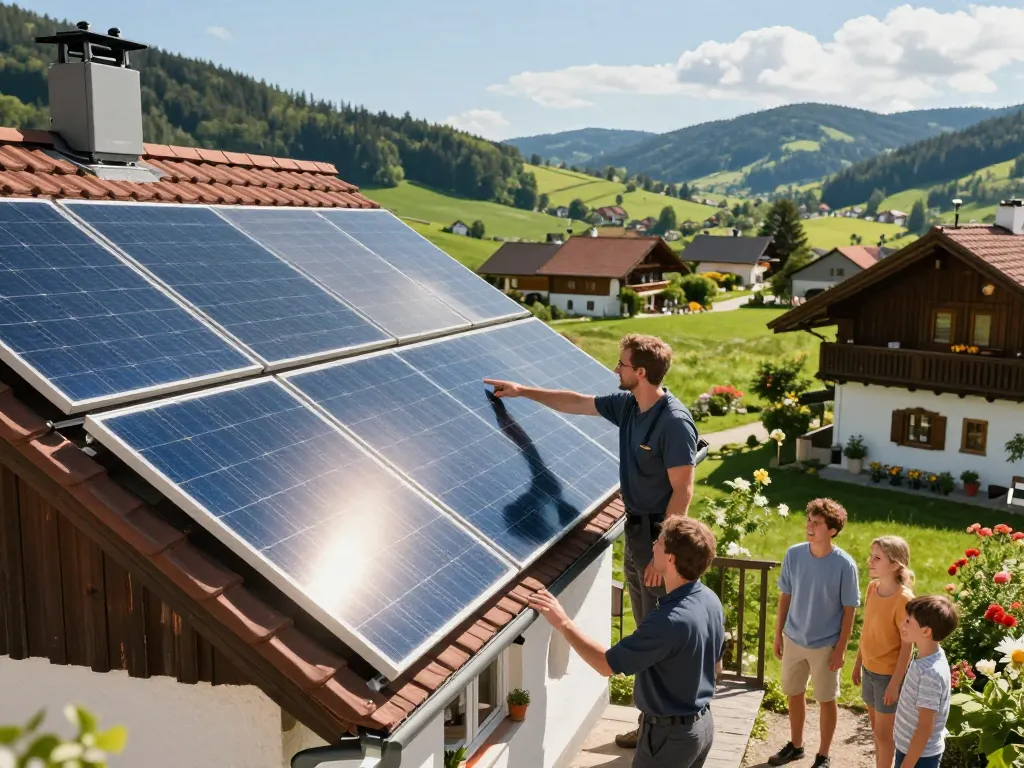Installation von Photovoltaik Bayern in einem bayerischen Dorf mit Solarpanelen auf einem traditionellen Haus.