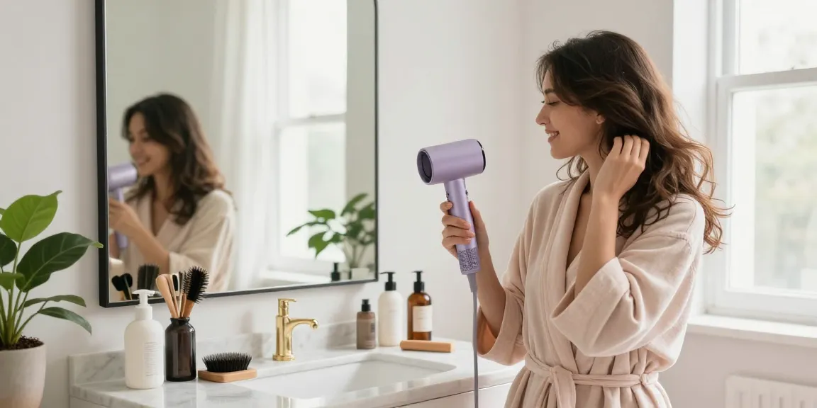 Stylish woman using a compact hair dryer in a bright bathroom with natural light.