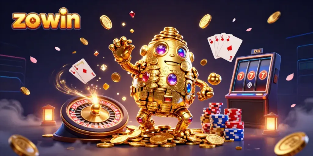 Engage with the zo win 3D casino illustration, featuring a golden golem and dynamic game elements.