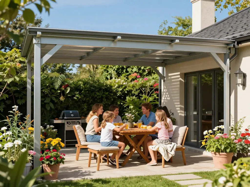 Familie genießt den Komfort im Freien unter einer stilvollen Terrassenüberdachung im Garten
