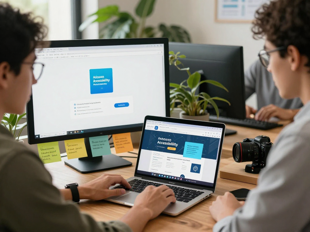 Barrierefreie und rechtssichere Webseiten Dienstleistung in einem modernen Arbeitsumfeld mit Designer und Laptop.