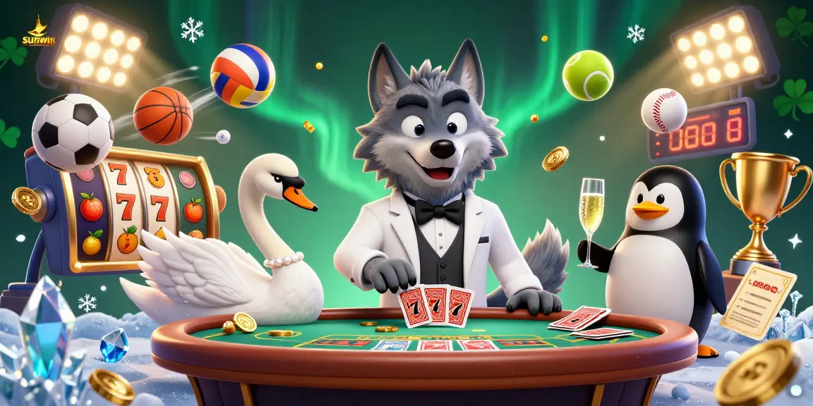 Experience the excitement of sunwin casino with a debonair wolf at a baccarat table amidst lively gaming elements.