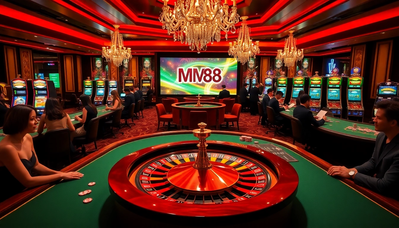 Players engaging in high-stakes gaming at an MM 88-themed casino, surrounded by vibrant roulette and slot machines.