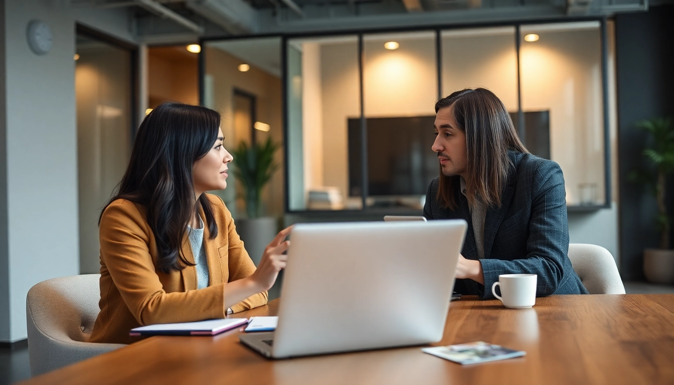 Headhunter consulting with a client, showcasing professional interaction in a modern office setting.