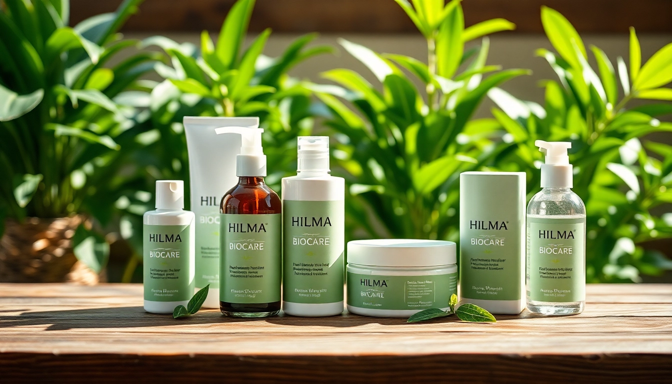 Hilma biocare Produkte auf einem Holztisch für Gesundheit und Wellness.