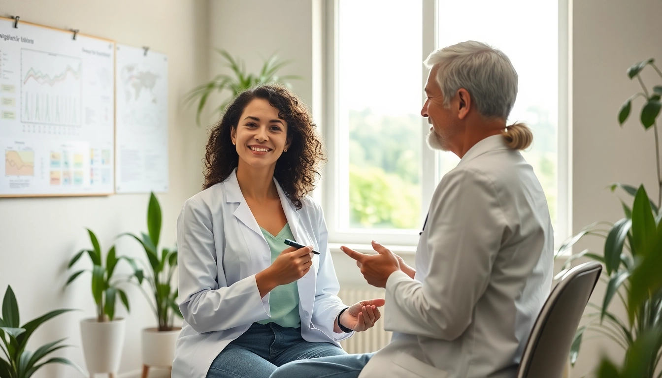 Positive Beratung über Gewichtsverlust zwischen Arzt und Patient in einem hellen Raum.
