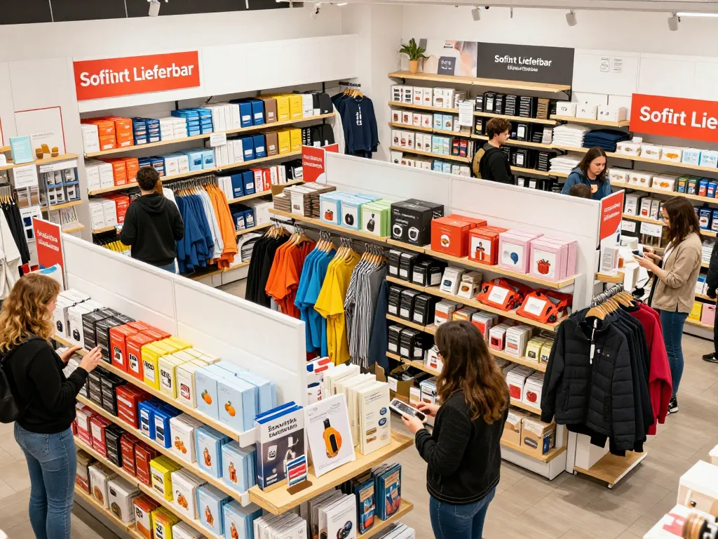 Sofort Lieferbar Produkte in einem lebhaften E-Commerce-Einzelhandelsgeschäft ausgestellt, die sofortige Verfügbarkeit präsentieren.