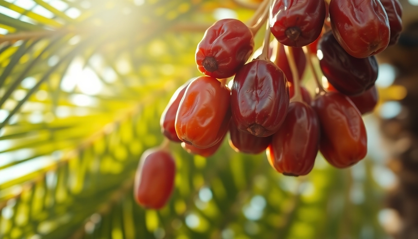 Harvest ripe dates from a date palm tree, showcasing their rich color against green foliage.