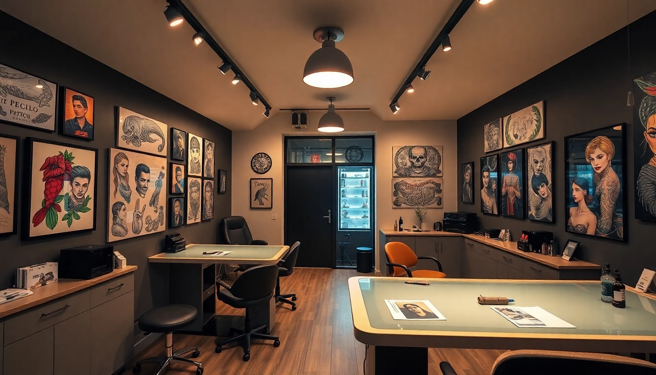 Tattoos displayed at the Tattoo Studio München in an inviting, artistic environment with modern decor.