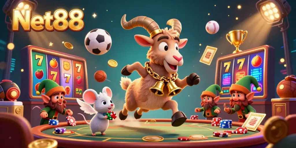 Experience thrilling gameplay at Net88: a festive casino scene featuring Krampus and playful elves.