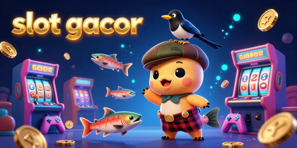 Experience the excitement of slot gacor with playful Nessie and a gold-obsessed magpie in a vibrant casino environment.