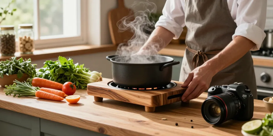 Elegante Topfuntersetzer aus Holz in gemütlicher Küchenszene mit frischen Zutaten.