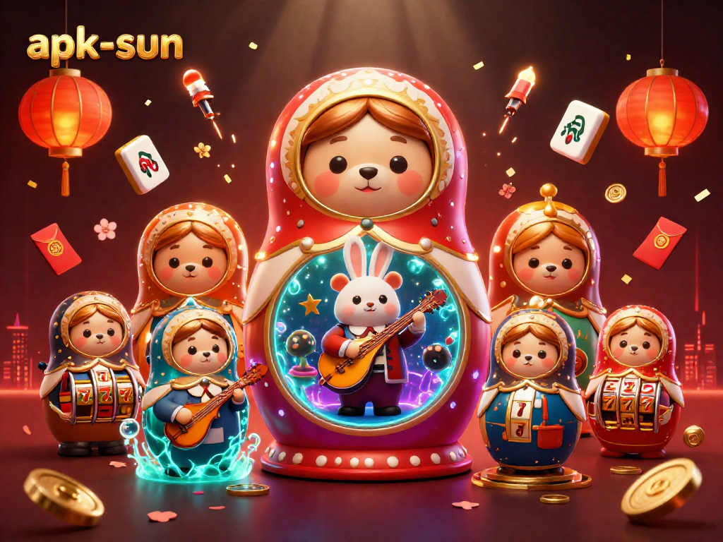 apk-sun captivates with vibrant 3D casino scene featuring playful Matryoshka bears and traditional elements.