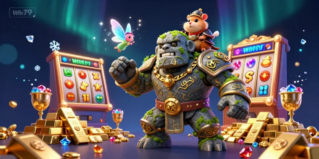 Experience the thrill of Win79 with a lively 3D scene featuring a giant golem, a fairy, and a knight in a dynamic casino setting.
