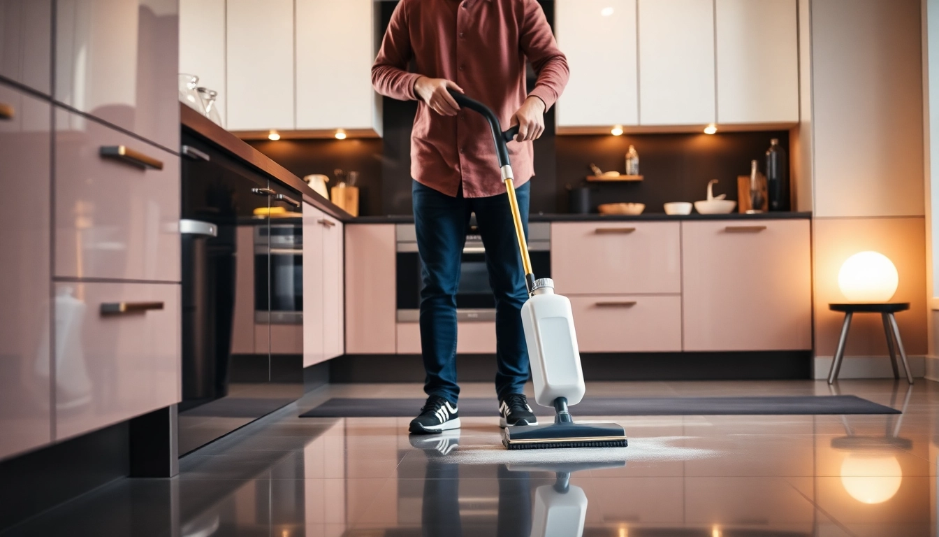 Efficient dampfreiniger effortlessly cleaning a kitchen floor, showcasing sparkling results.