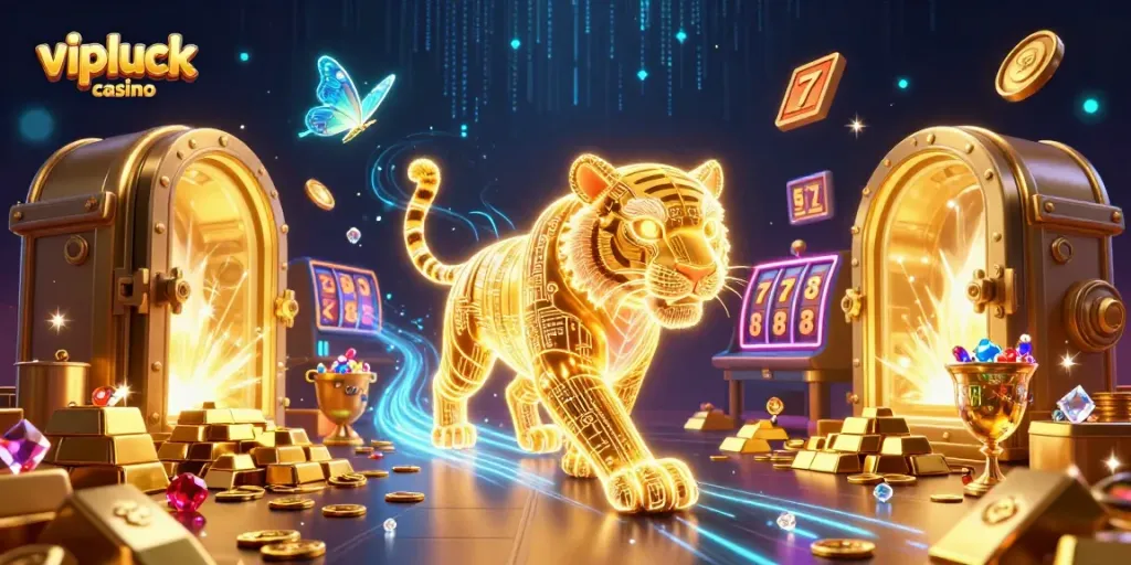 Experience thrilling gameplay at vipluck casino with neon elements and golden treasures all around.