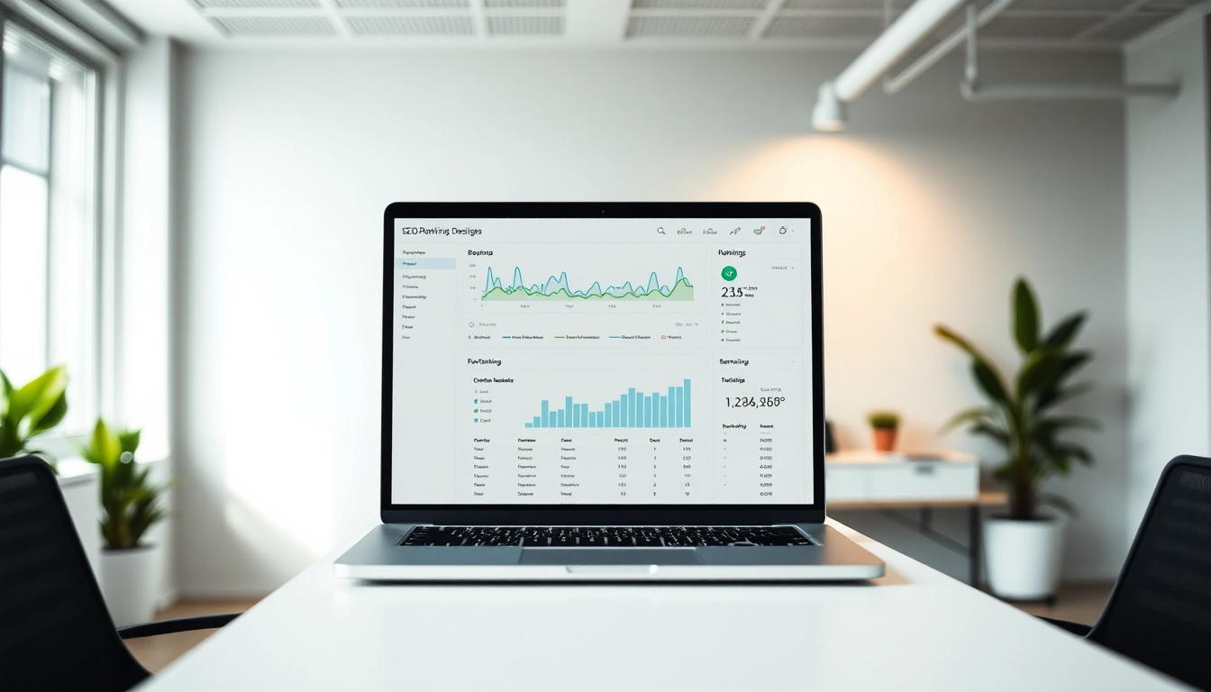 Visualisiere ein SEO-Ranking-Dashboard auf einem Laptop in einem modernen Büro.
