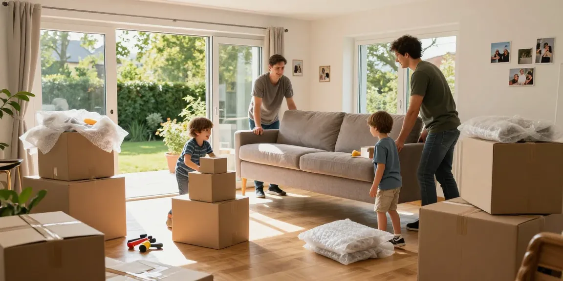 Umzugsunternehmen Bruchsal unterstützt bei einem fröhlichen Umzug einer Familie mit professionellen Umzugshelfern.