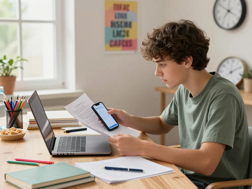 Schüler verwendet Hausaufgaben Scanner App auf Smartphone am gemütlichen Schreibtisch für effiziente Hausaufgaben.
