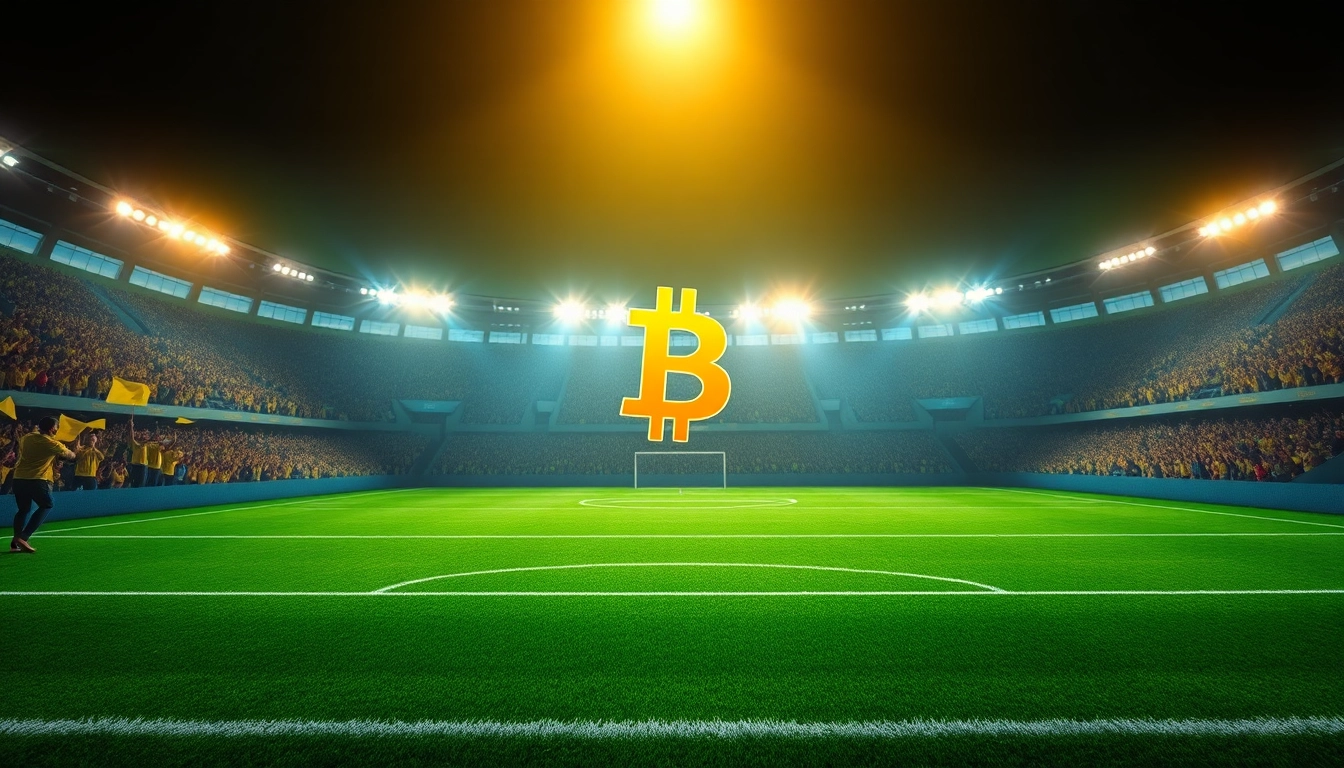 Erleben Sie Bitcoin Football Betting auf einem lebhaften Fußballplatz mit jubelnden Fans.