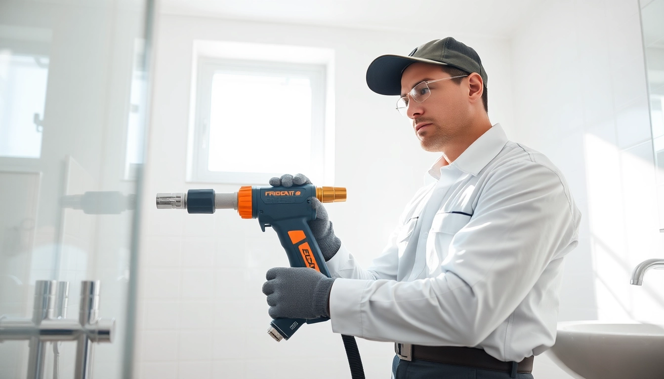 Effizienter Sanitär Notdienst: Klempner repariert Wasserleitung professionell in modernem Badezimmer.
