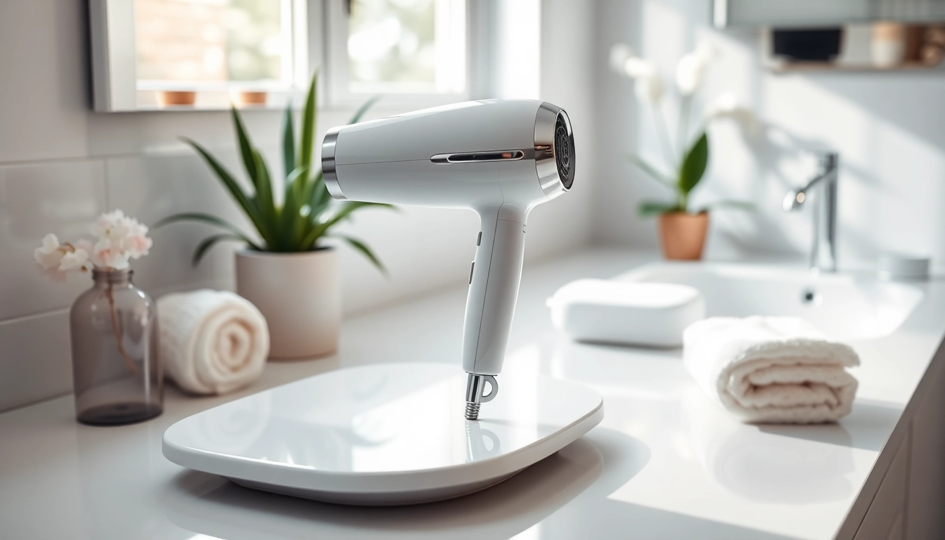 Das laifen haartrockner glänzt elegant auf einem modernen Kosmetiktisch im hellen Badezimmer.