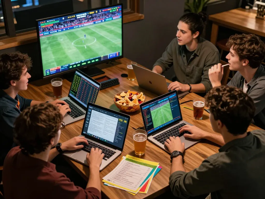 Friends engaging in sports betting strategies while using F168 for live betting analysis.