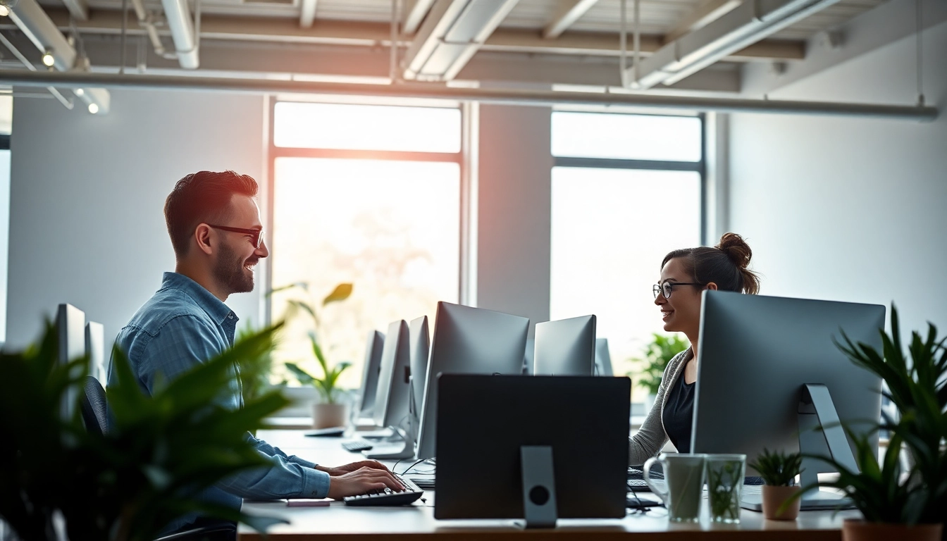 Sicht auf Mitarbeiter in einem Büro bei der Jobsuche nach Stellenangeboten, moderne Ausstattung und entspannte Atmosphäre.