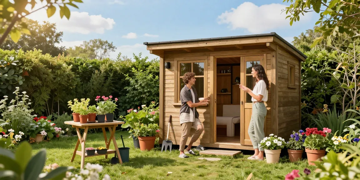 Gartenhaus kaufen: Hochwertiges Gartenhaus im modernen Design umgeben von üppigem Grün und Blumen.
