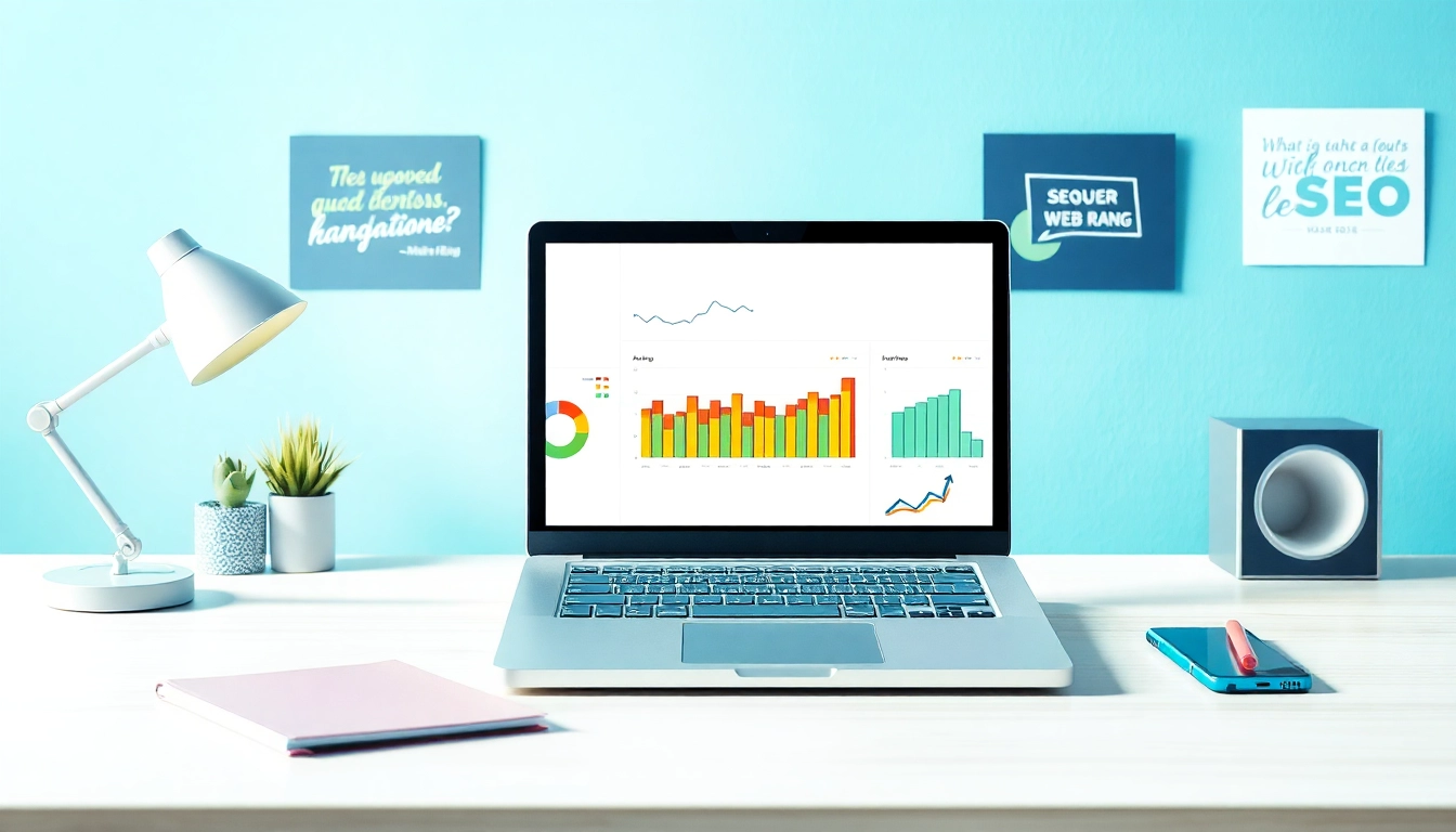 Visualisierung eines Schreibtischs mit Laptop, der den Web-Rang analysiert.