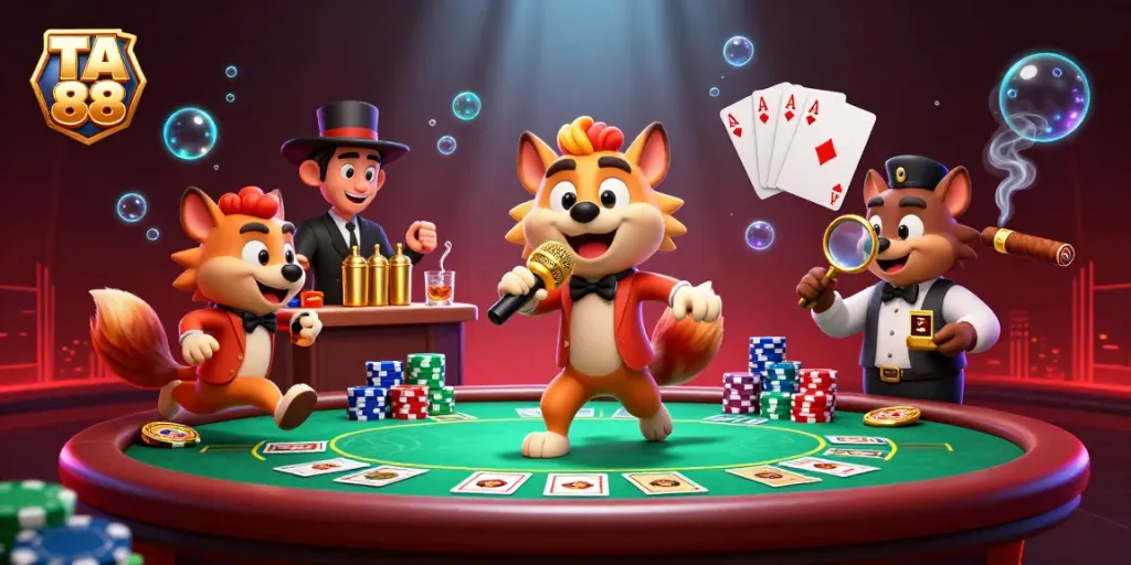 Engage with TA 88 at an exciting comedy casino scene filled with vibrant gaming elements and lively characters.