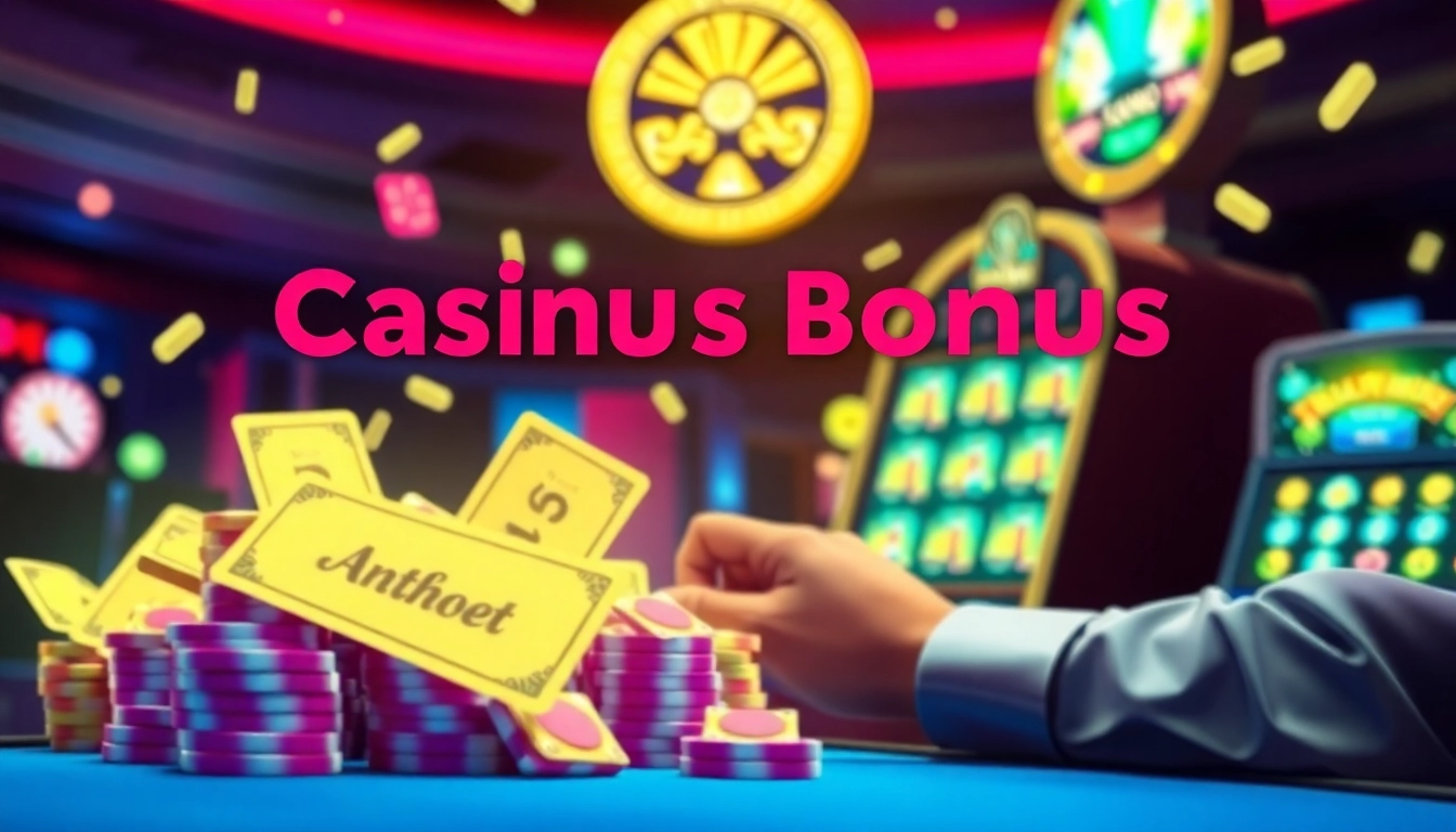 Einfallsreicher Casino Bonus zieht Spieler mit bunten Geldscheinen und einem Spielautomaten an.