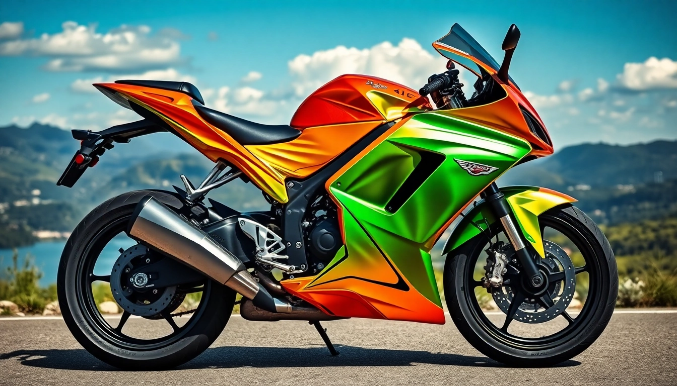 Motorrad folie kaufen: Stylish motorcycle wrapped in colorful foil, showcasing design possibilities for bike enthusiasts.