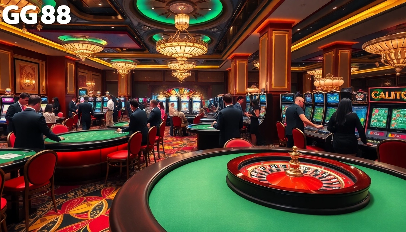 Gamblers enjoying a lavish experience at a casino, highlighting https://gg88.black/ with vibrant tables and exciting games.