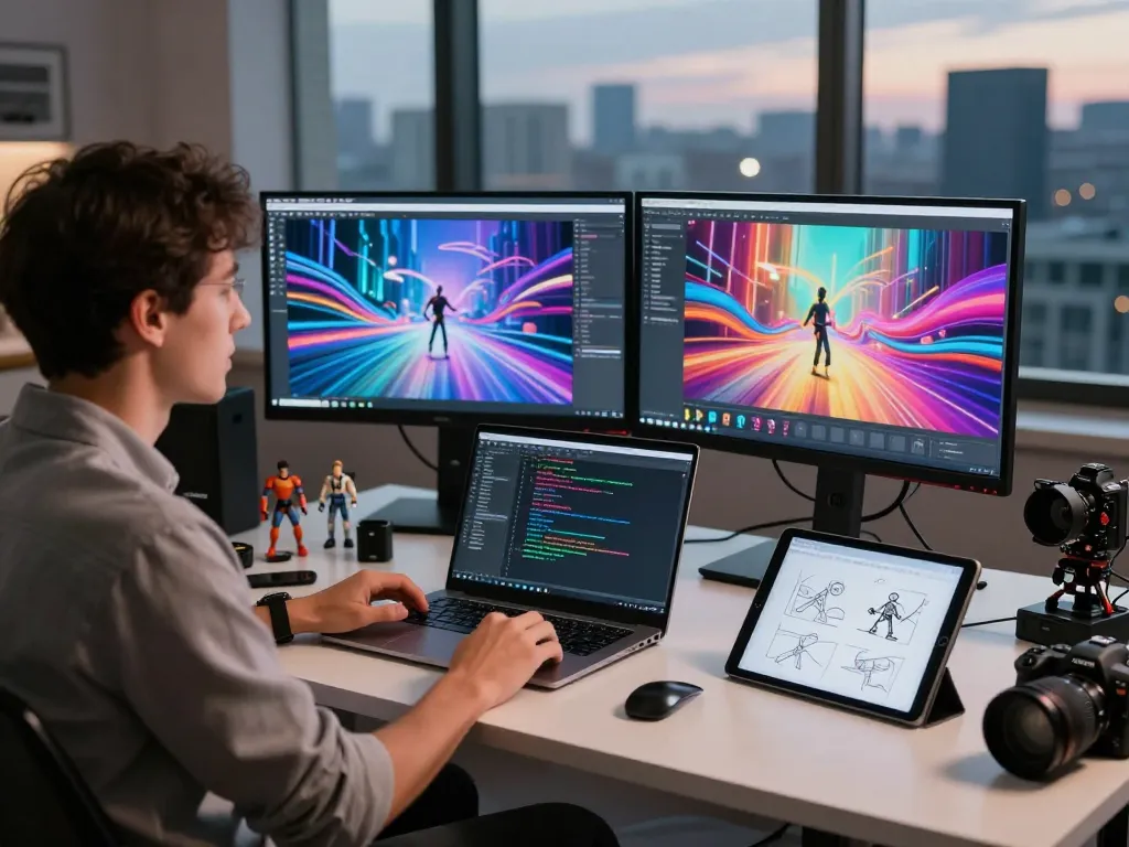 Dynamic workspace highlighting motion control ai innovations with vibrant animations.